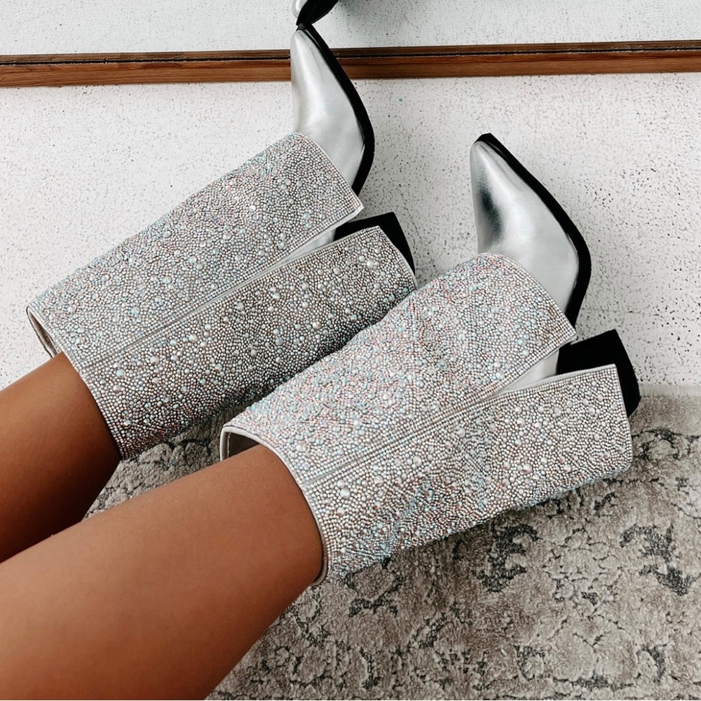 Azalea Wang Annabelle Silver Rhinestone Boot
